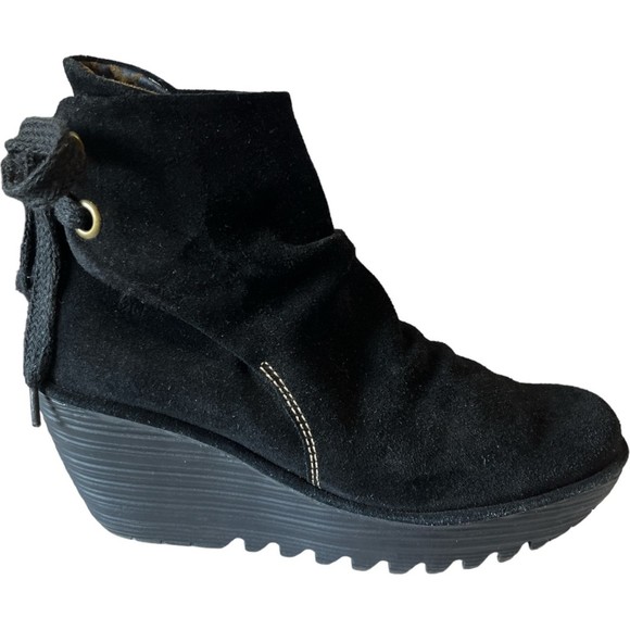 FLY LONDON Yama Wrap Heel Tie Black Suede Wedge Boots Booties 38 US 7.5 - 8 - Picture 9 of 11